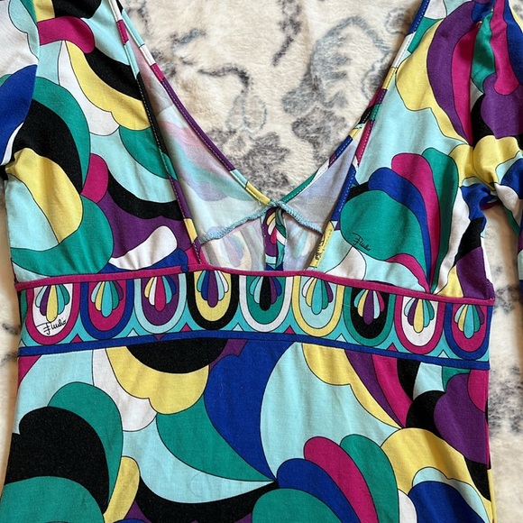 Emilio Pucci Plunge V-Neck 3/4 Length Sleeve Multi-Colored Marmo Print Top XS - Picture 8 of 12